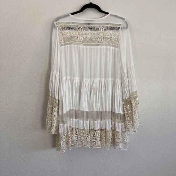 Amlica Santoria by Giacomo Cinque White Sequin Lace Tiered Tunic Boho Dress OS - Picture 2 of 12
